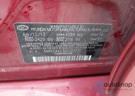 2013 Hyundai Sonata Se from USA, damaged, VIN 5NPEC4AC3DH727770